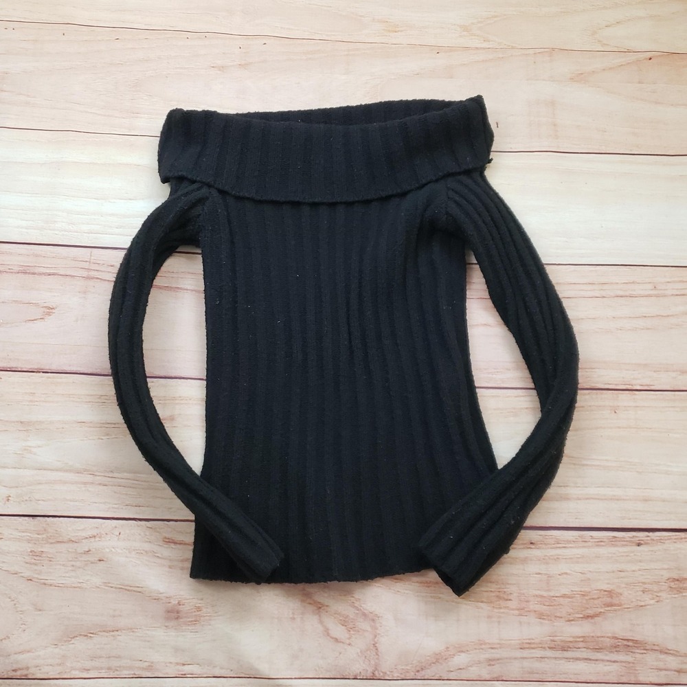 Fashion Nova Sweater Womens XS Black Ribbed Knit Off Shoulder Pullover Top